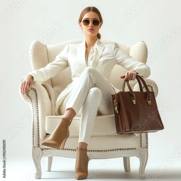 Fototapeta Fashionable confident woman wearing elegant Isolated on White Background Generative AI