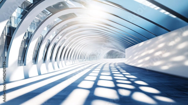 Fototapeta Modern architectural corridor with dramatic lighting and shadows in urban setting