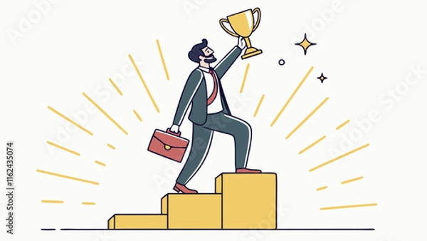Fototapeta Business Success Concept. Vector illustration in flat style of a man in a business suit with a winner's cup in his hand, standing on a golden pedestal in the rays of glory. Isolated on background