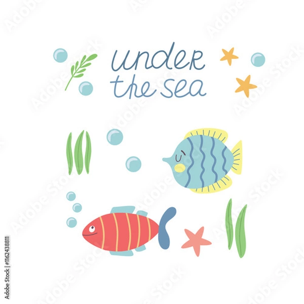 Fototapeta Cute sea fish with I love the sea hand written text. Sea animals, sea lettering for children's illustration. Vector in cartoon flat style.