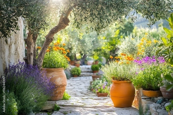 Obraz Sunlit Garden Path: Flowers Bloom in Pots
