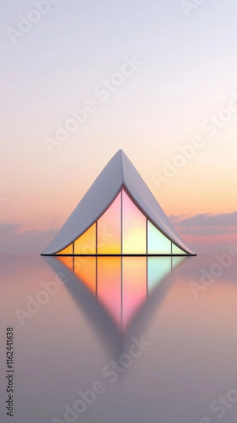 Obraz A triangular structure with colorful glowing panels reflects on a calm water surface under a pastel sky at sunset.