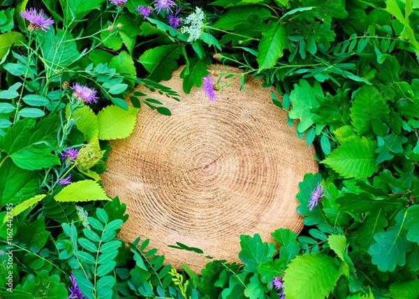 Obraz The tree stump's growth rings are surrounded by brightly colored foliage