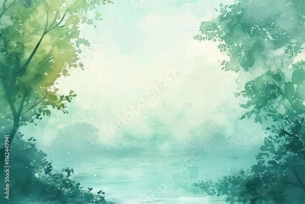 Obraz Watercolor Painting of a Misty Forest Landscape with a Lake