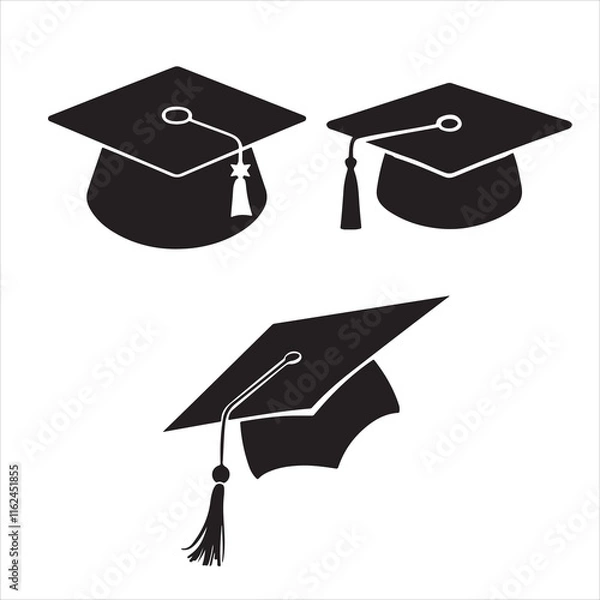 Obraz set of vector graduation hat with diploma, Education cap, Graduation student black cap with academic degree certificate silhouettes