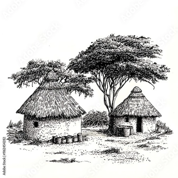 Obraz Ink Drawing of Two Traditional African Huts Under a Large Acacia Tree.