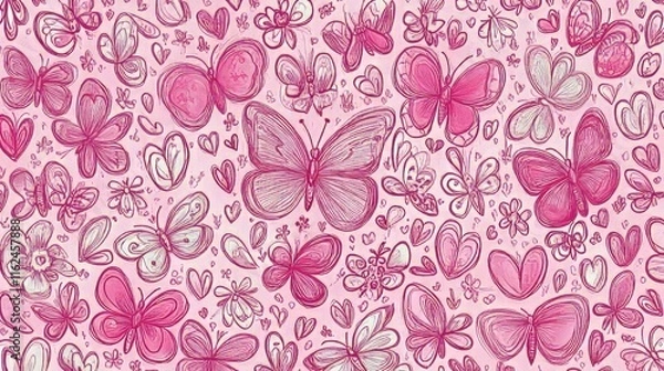 Fototapeta Pink Butterfly Dreamscape A Whimsical Pattern of Sparkling Doodles on a Bold Fuchsia Background