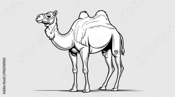 Fototapeta A detailed black and white illustration of a two-humped Bactrian camel standing suitable for drawing book