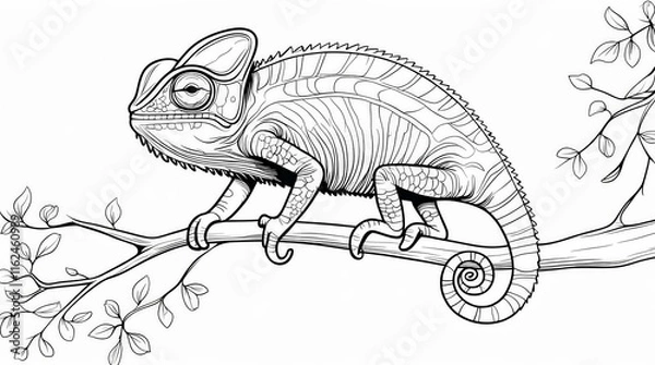 Fototapeta A detailed black and white line art illustration of a chameleon perched on a branch with curled tail