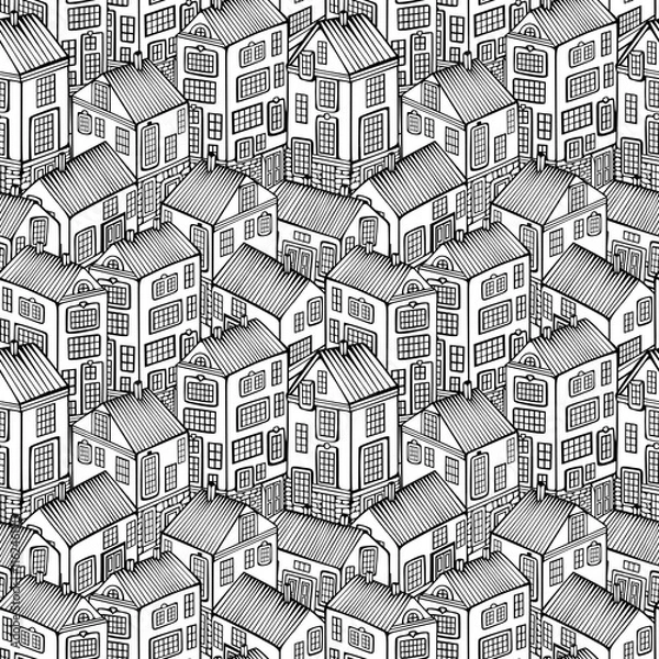 Fototapeta Cartoon Houses set. Monochrome Vector seamless pattern.
