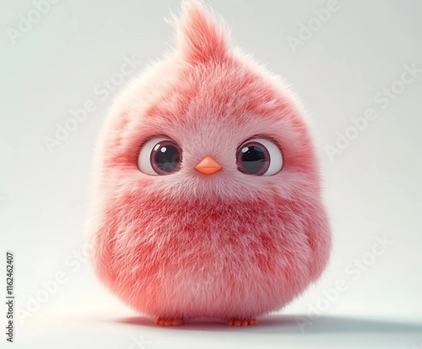 Obraz Adorable pink fluffy chick, cartoon style, 3D render.