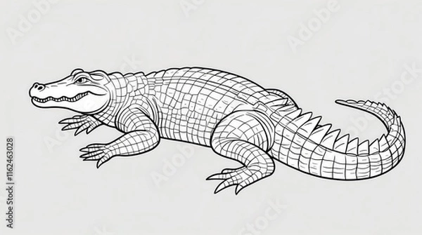 Fototapeta A detailed black and white line drawing of a powerful crocodile with textured skin and sharp teeth