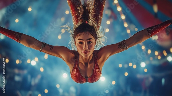 Obraz Dressed in a vibrant outfit, a skilled aerial performer gracefully flies through the air, mesmerizing a captivated audience in a festive circus atmosphere surrounded by twinkling lights.