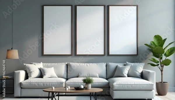 Fototapeta A modern living room with a large gray sectional sofa, three framed wall mirrors, and a wooden coffee table, during the day