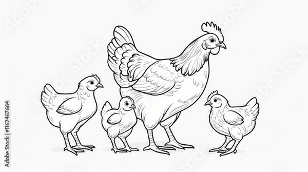 Fototapeta A charming monochrome line art depiction of a mother hen protecting her three small chicks