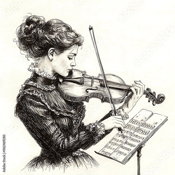 Fototapeta Pen and Ink Drawing of a Woman in Victorian Dress Playing a Violin from Sheet Music.