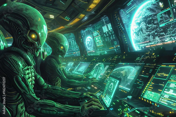 Fototapeta Two aliens are sitting in front of computer monitors