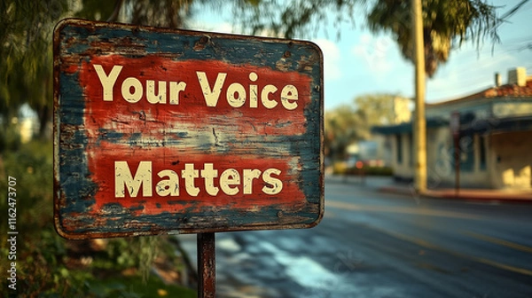 Obraz A weathered sign stands on the roadside, proclaiming that every individual’s voice is important. The setting is a tranquil neighborhood bathed in soft morning light.