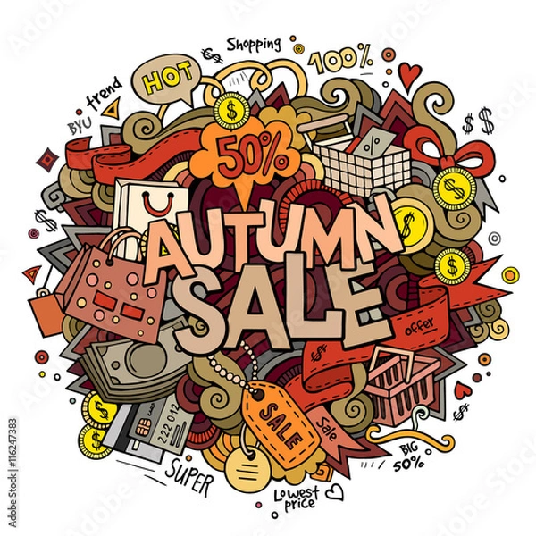 Fototapeta Autumn sale hand lettering and doodles elements 