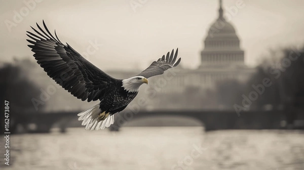 Obraz A bald eagle gracefully flies above a river, showcasing its majestic wingspan. In the background, the iconic United States Capitol building stands shrouded in a misty atmosphere, hinting at autumn.