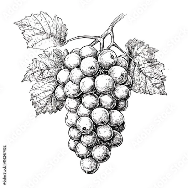 Fototapeta Hand-drawn illustration of a bunch of grapes with leaves, perfect for wine labels, culinary designs, or vintage illustrations.