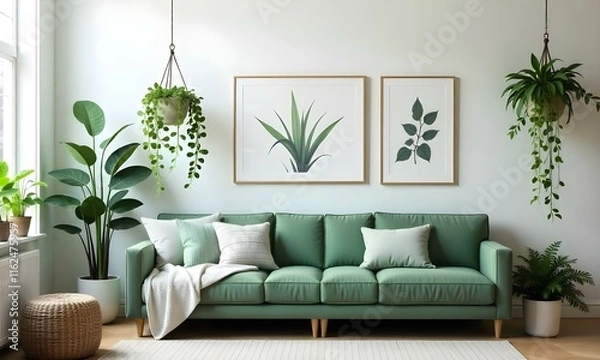 Obraz A modern living room with a large green sofa, hanging plants, and framed botanical artwork on the walls