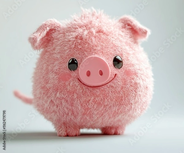 Obraz Cute fluffy pink piglet toy, cartoon style, front view.