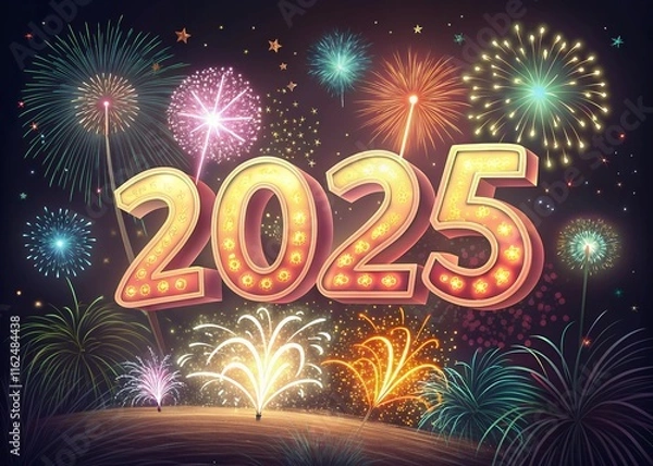 Obraz Happy New year with numbers 2025 with sparkling confetti particles scattered around and firework, City background