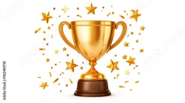 Obraz 3d golden trophy cup and stars, confetti around in cartoon style. concept of victories or reward for achieving goals. realistic illustration isolated on white background. 3d rendering