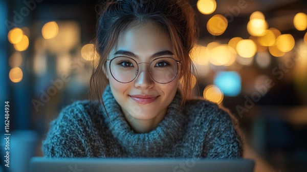 Obraz A young Asian woman with glasses smiles while working on her laptop in a cozy cafe, surrounded by warm lights. The evening atmosphere enhances her focused expression and relaxed demeanor.