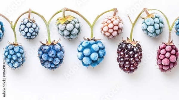 Fototapeta Colorful Assortment of Fresh Blackberries Displayed on White Background