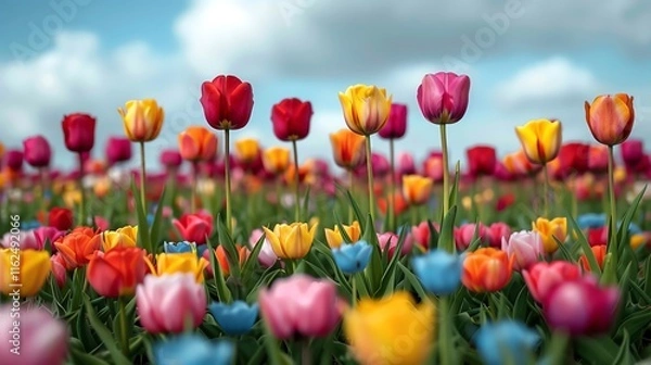 Fototapeta Vibrant tulip field with colorful flowers blooming under a clear blue sky.