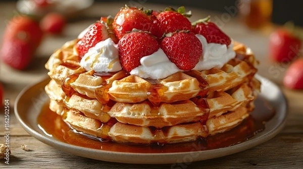 Fototapeta A Beautifully Styled Breakfast Scene Featuring Delicious Golden Waffles with Fresh Strawberries and Whipped Cream