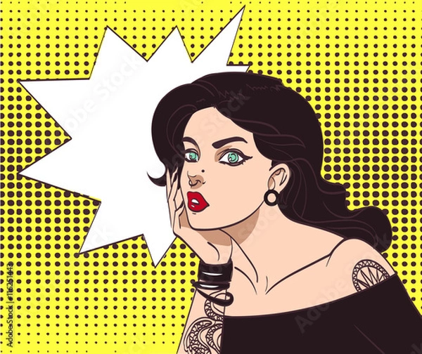 Fototapeta Vector beautiful gothic punk hipster girl in pop art style with tatoo and speech wow bubble. Eps 10 in many layers for your need