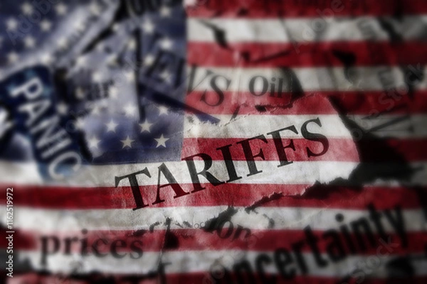 Obraz Tariffs news headlines over an American flag