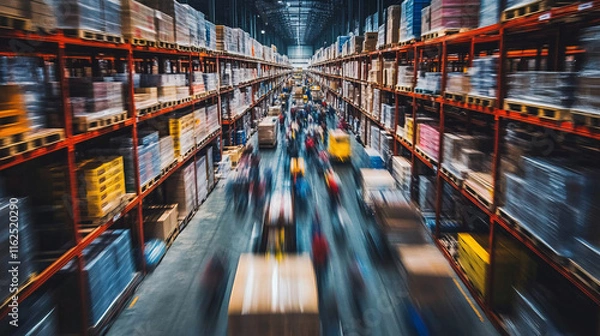 Fototapeta A large warehouse filled with shelves stacked with goods and workers moving quickly creating a dynamic fast-paced logistics environment  
