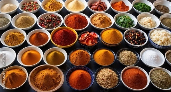 Obraz An assortment of spices in bowls showcasing the global flavors of cuisine