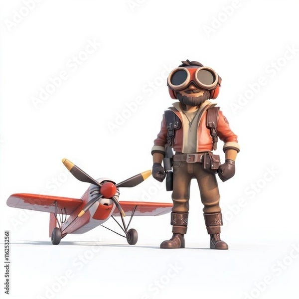 Obraz A cartoon-style pilot stands beside a small red airplane, showcasing a playful aviation theme.