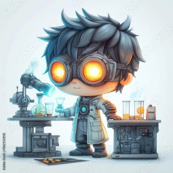 Fototapeta A cute scientist character in a lab, wearing goggles and surrounded by scientific equipment.