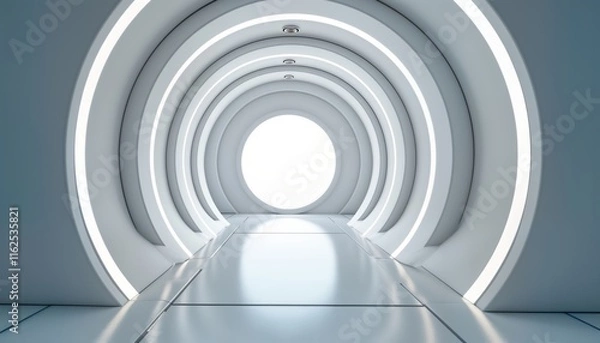 Obraz Futuristic hallway features round arched structure. White, light tech design. Smooth interior. Round hatch leads to space. Modern architecture style. High-tech concept. Perfect for sci-fi