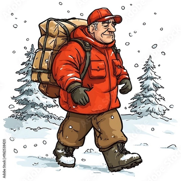 Fototapeta A senior hiker with a backpack walks through a snowy landscape.