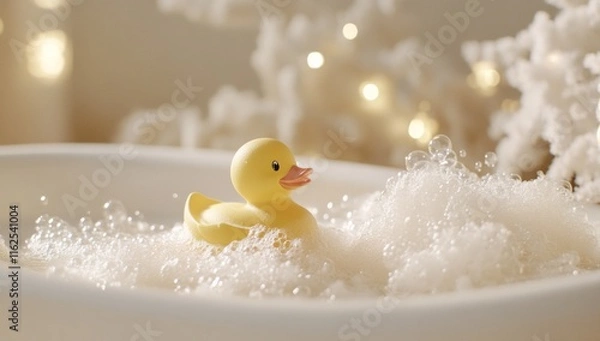 Obraz Yellow rubber duck floating in foamy bathtub, soft light highlighting playful bubbles and vibrant colors