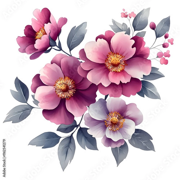 Fototapeta Nature, flowers, clipart watercolor painting of flower, symmetrical pattern, botanical print on white background, vintage style.QW-0581