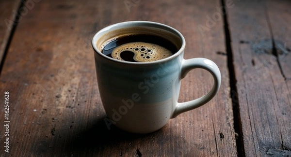 Fototapeta Simple ceramic mug on an old wooden table with coffee swirling inside