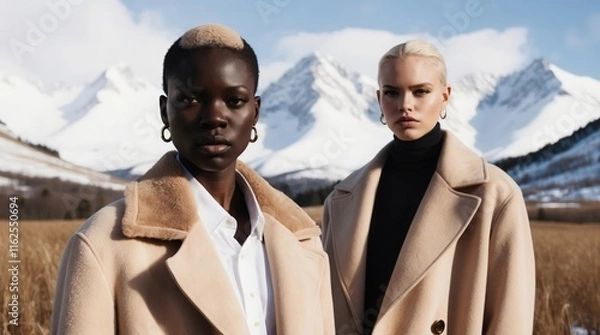 Fototapeta Two striking models pose together in a magnificent winter landscape, showcasing their stylish coats against a backdrop of majestic snow-capped mountains under a bright blue sky