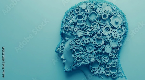 Obraz 3D head profile made of gear on a blue background