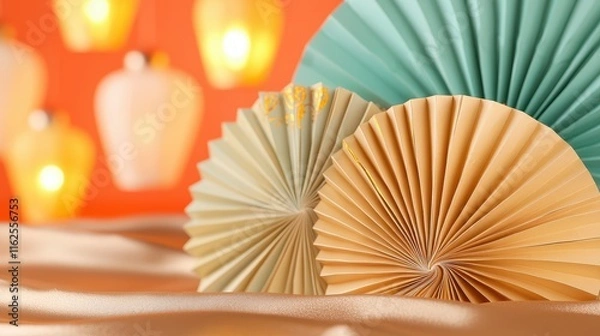Fototapeta Chinese New Year Paperwork Background Concept, Intricately Folded Paper Fans with Gold Accents Against a Soft Background of Warm Colors and Ambient Light