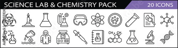 Obraz Science Lab and Chemistry Icon Pack - A pack of 20 line icons showcasing science lab and chemistry tools, including beakers, test tubes, atoms, and scientific experiments.
