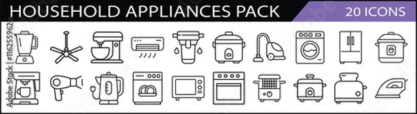Obraz Household Appliances Icon Collection - A collection of 20 line icons featuring household appliances, including blenders, microwaves, and vacuums for everyday domestic themes.