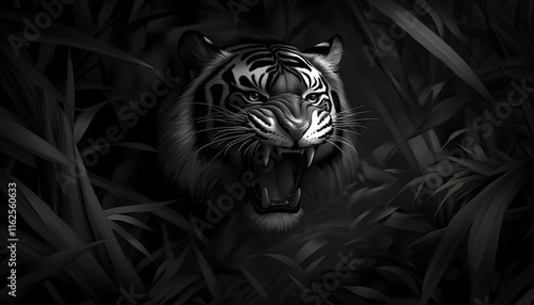 Obraz Monochromatic image of a snarling tiger hidden within dark foliage, creating a dramatic and powerful scene.